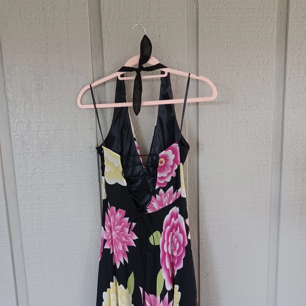 Cache Vintage Y2K Silk Floral Halter Dress Size 8 Women Lace Up Back Whimsical